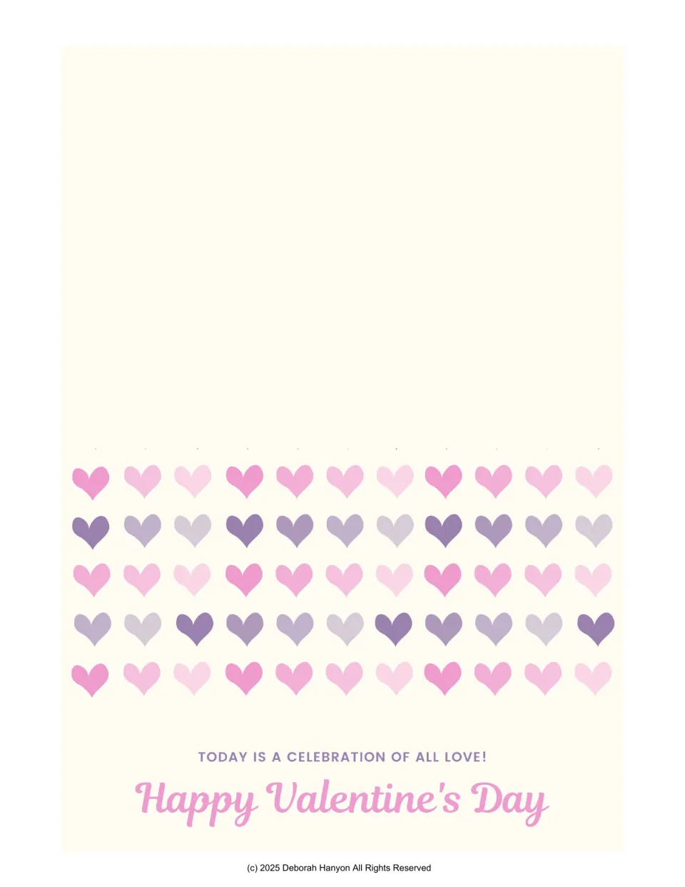 Valentine card with rows of pink and purple hearts above 'Today is a celebration of all love! Happy Valentine's Day'