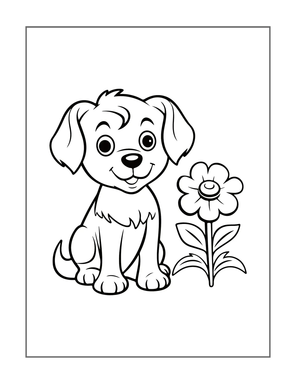 Dog coloring design 1: a smiling puppy with floppy ears sits beside a large flower with leaves on its stem