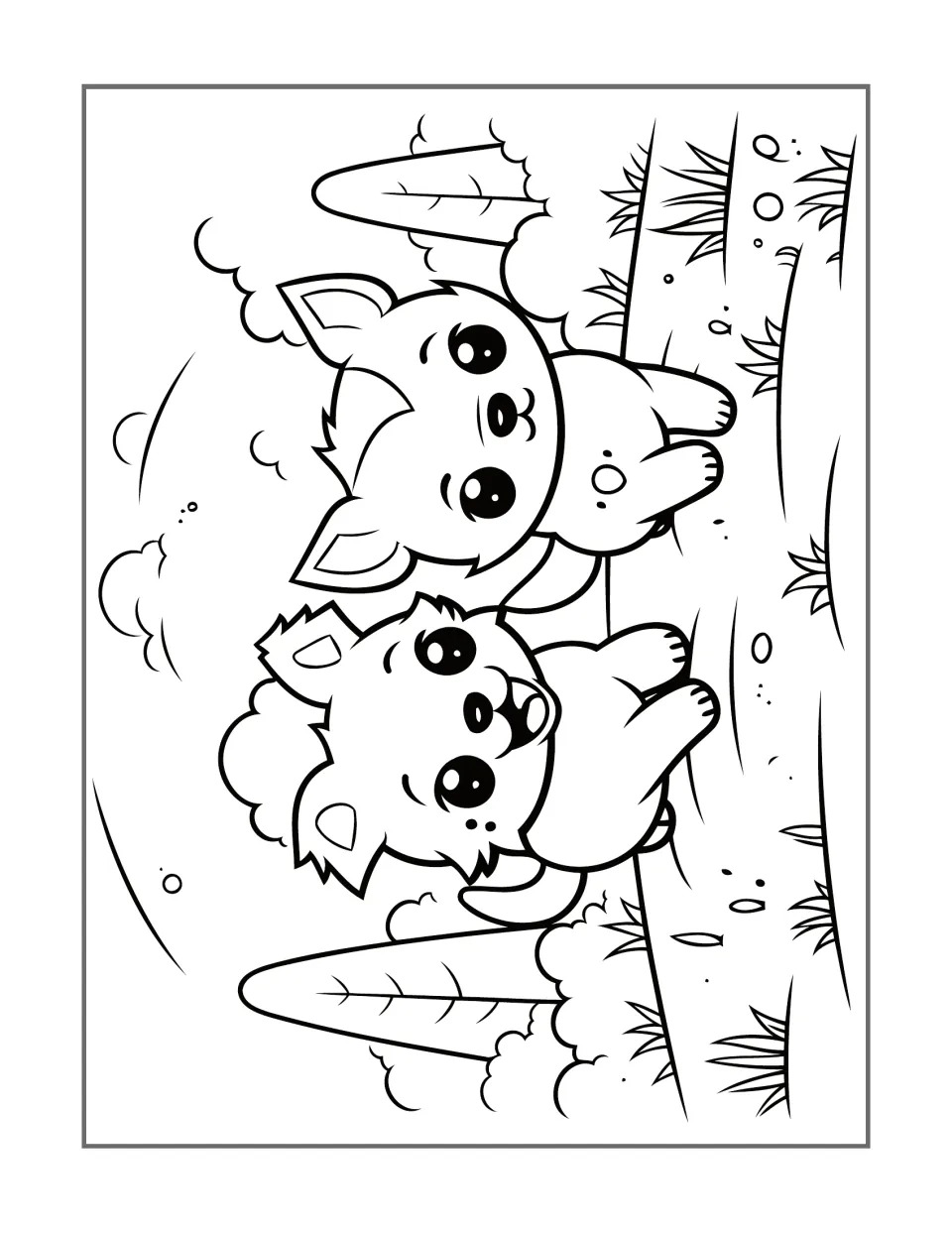 Dog coloring design 2: two puppies sit together outdoors among trees, bushes, grass, and small stones