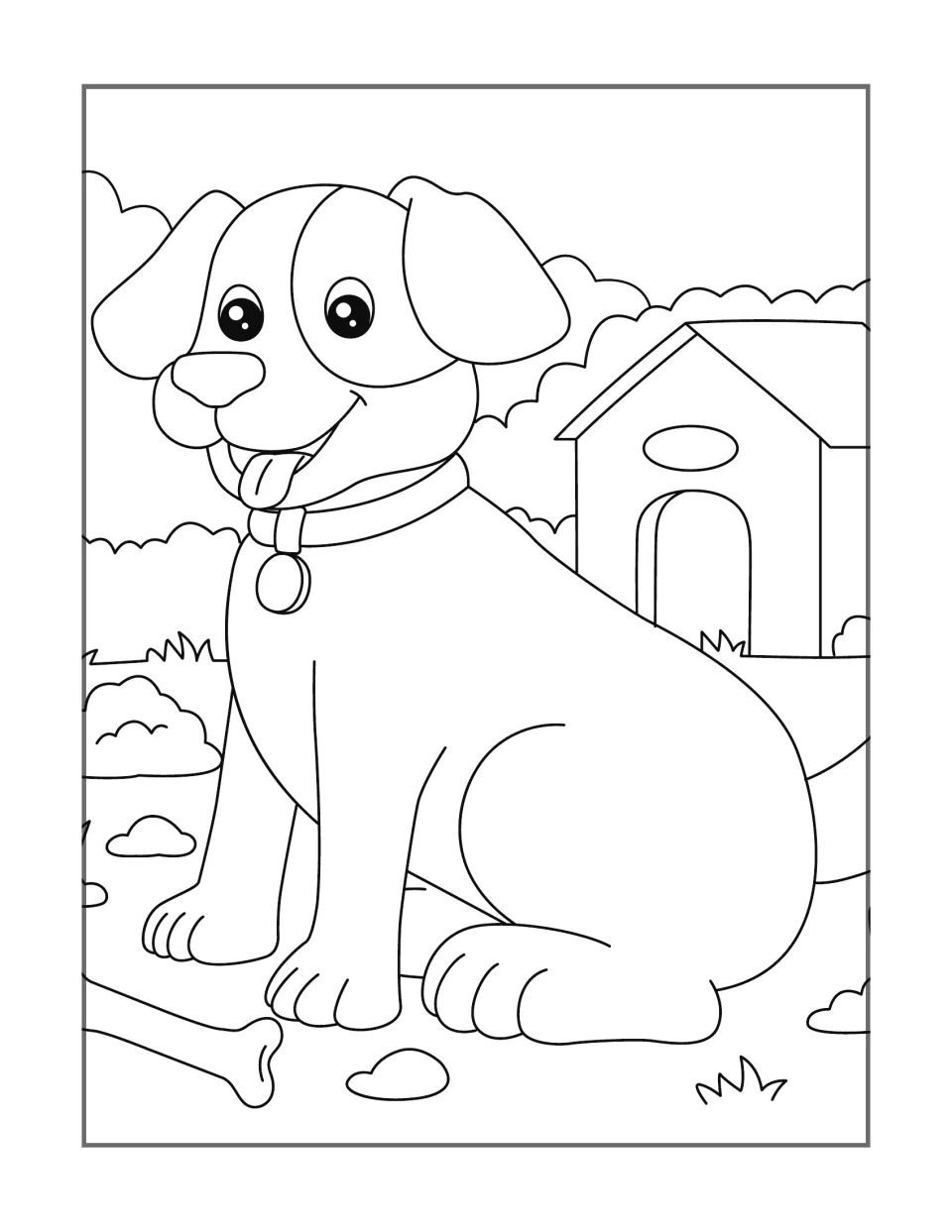 Dog coloring design 3: a seated dog wearing a collar sits near a doghouse, with a bone on the ground
