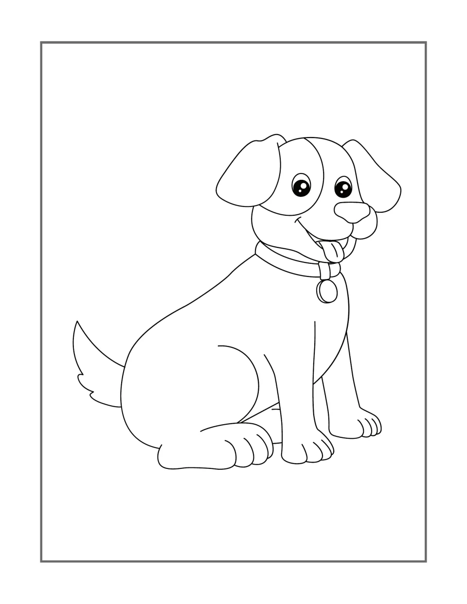 Dog coloring design 4: a seated floppy-eared dog has a patch around one eye and a round tag on its collar
