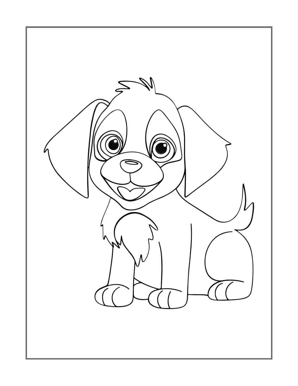 Dog coloring design 5: a seated puppy has large floppy ears, patches around both eyes, and a fluffy chest