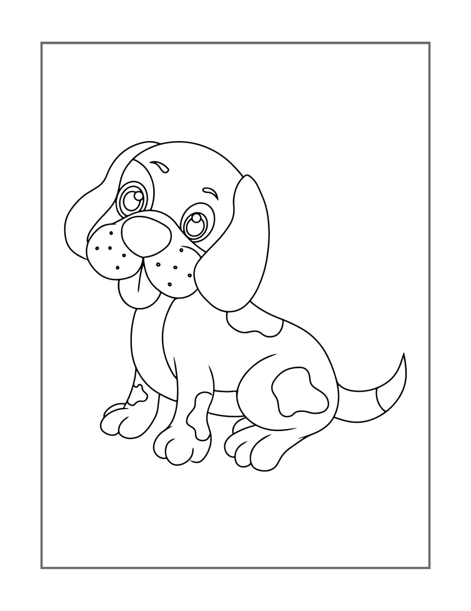 Dog coloring design 6: a spotted puppy sits with its head tilted, tongue out, and long ears hanging down