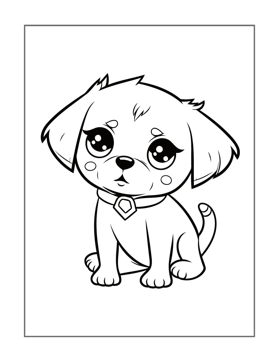 Dog coloring design 7: a seated puppy has large eyes with eyelashes, round cheek marks, and a pointed collar tag
