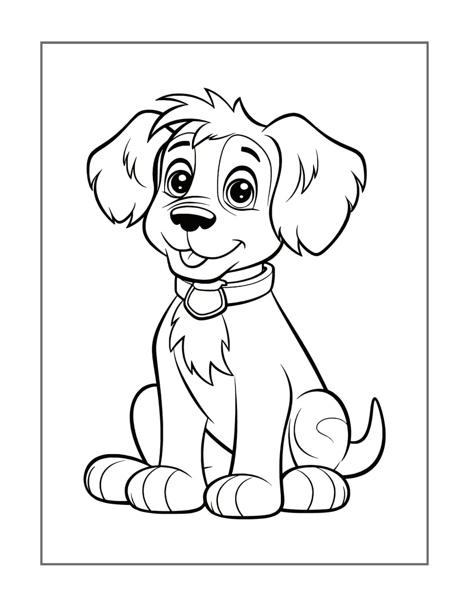 Dog coloring design 8: a smiling puppy sits wearing a wide collar, with shaggy ears and a tuft on its chest