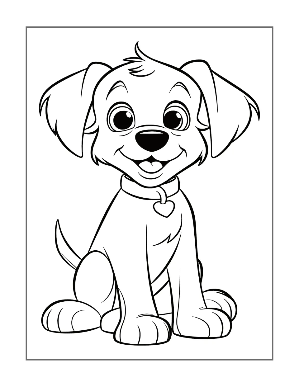 Dog coloring design 9: a smiling puppy with floppy ears and a curled hair tuft wears a heart-shaped collar tag