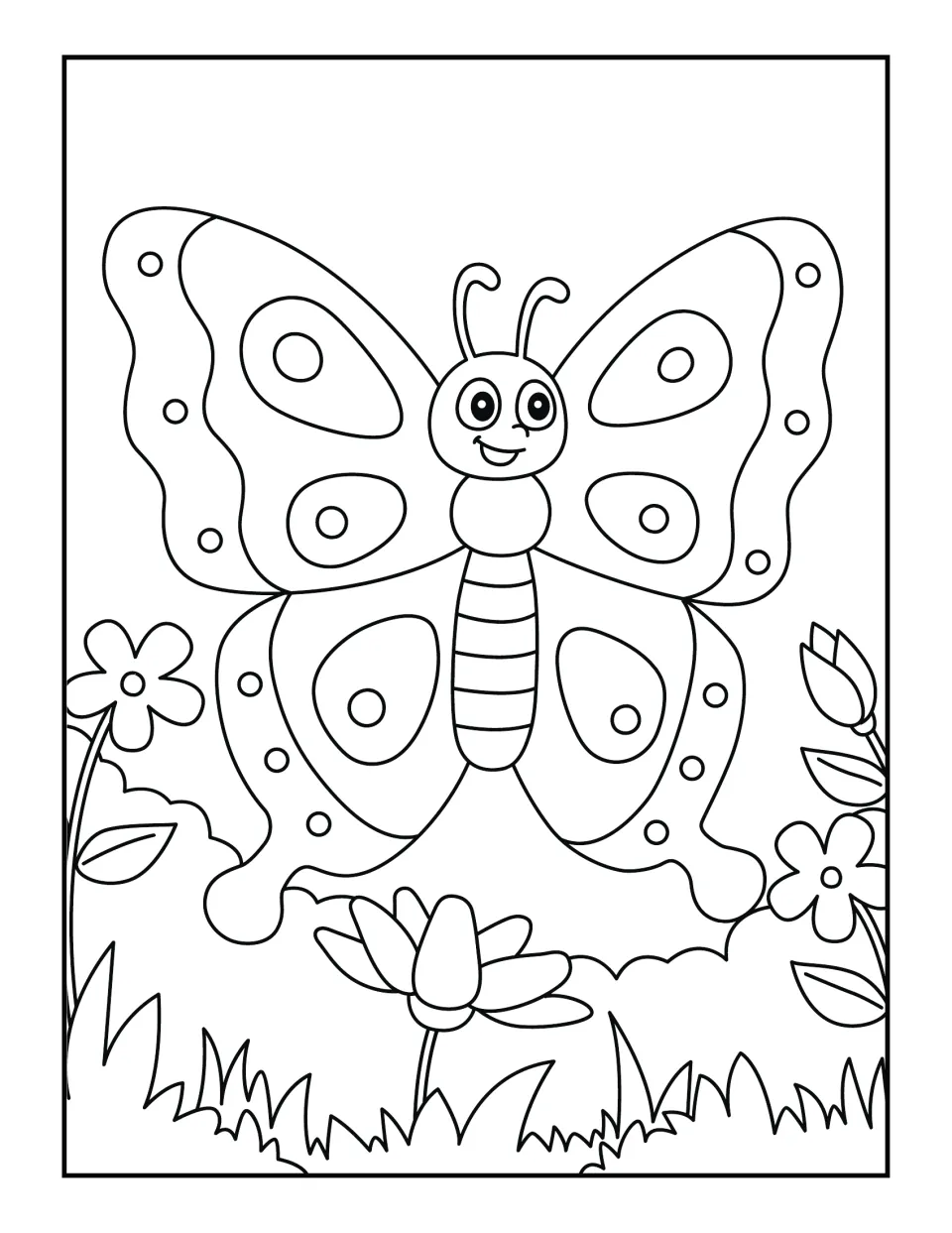 Smiling butterfly with spotted wings above a flower garden and grass, an outline drawing for students to color in