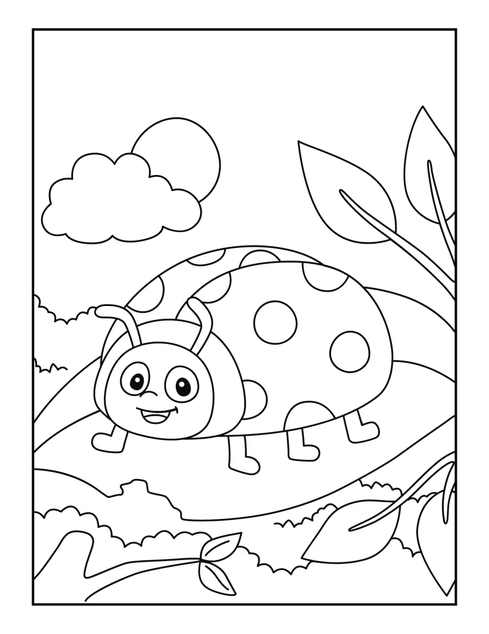 Happy ladybug walking on a big leaf under a cloud and sun, with bushes behind; outline art ready for students to color