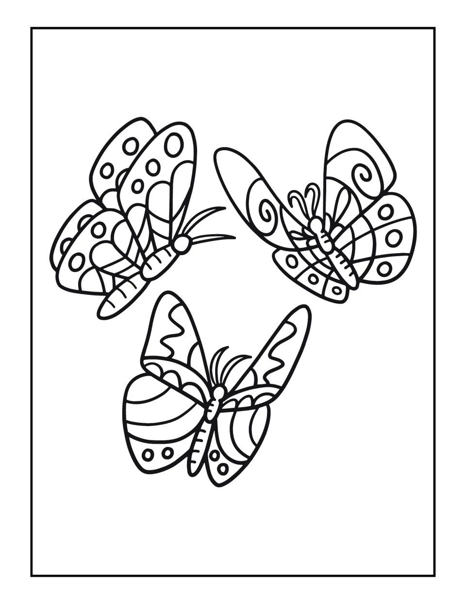 Three butterflies in flight with dotted, swirled and striped wing patterns, drawn in bold outline for students to color