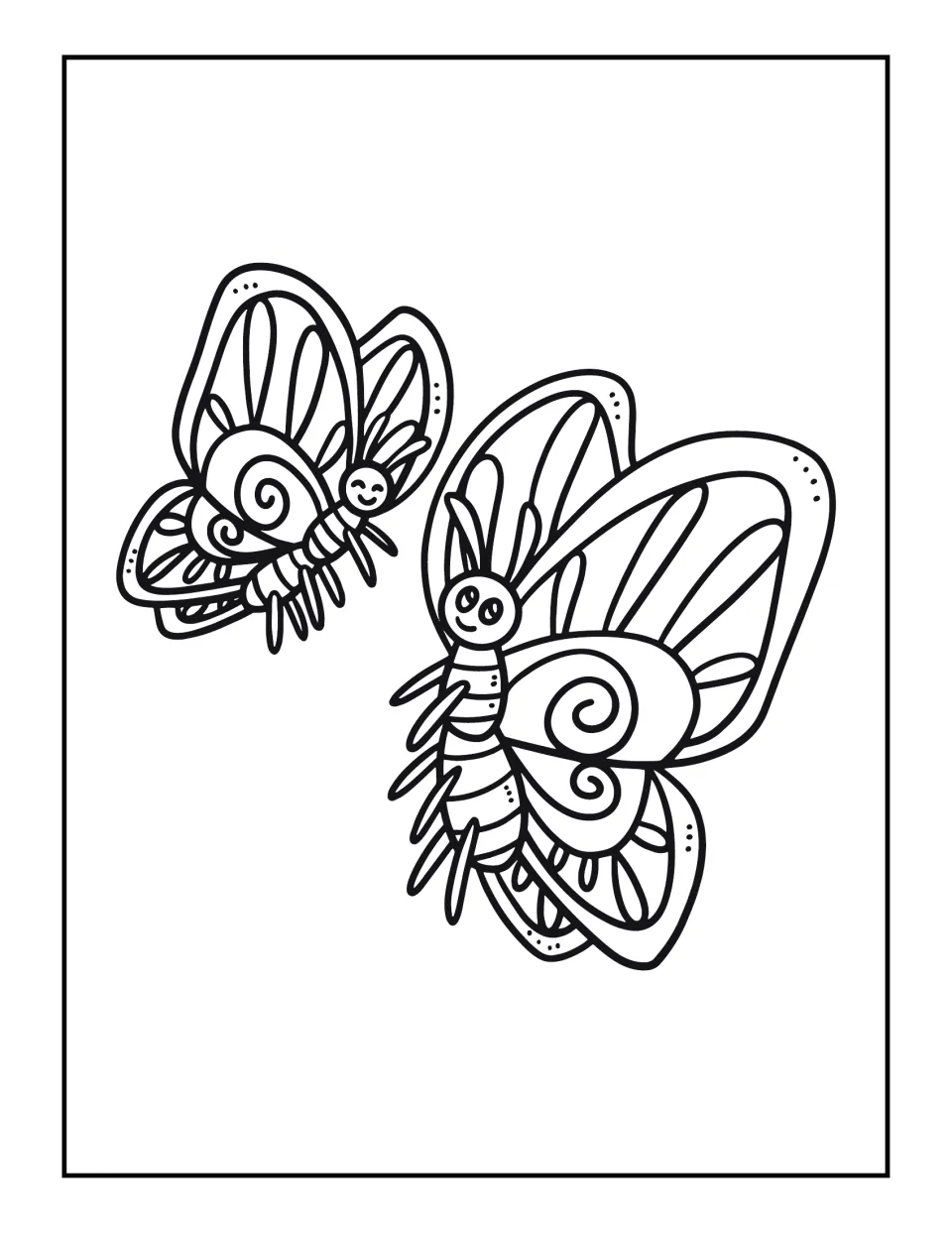 Two smiling butterflies, one small and one large, with spiral and petal designs on their wings, outlined for coloring