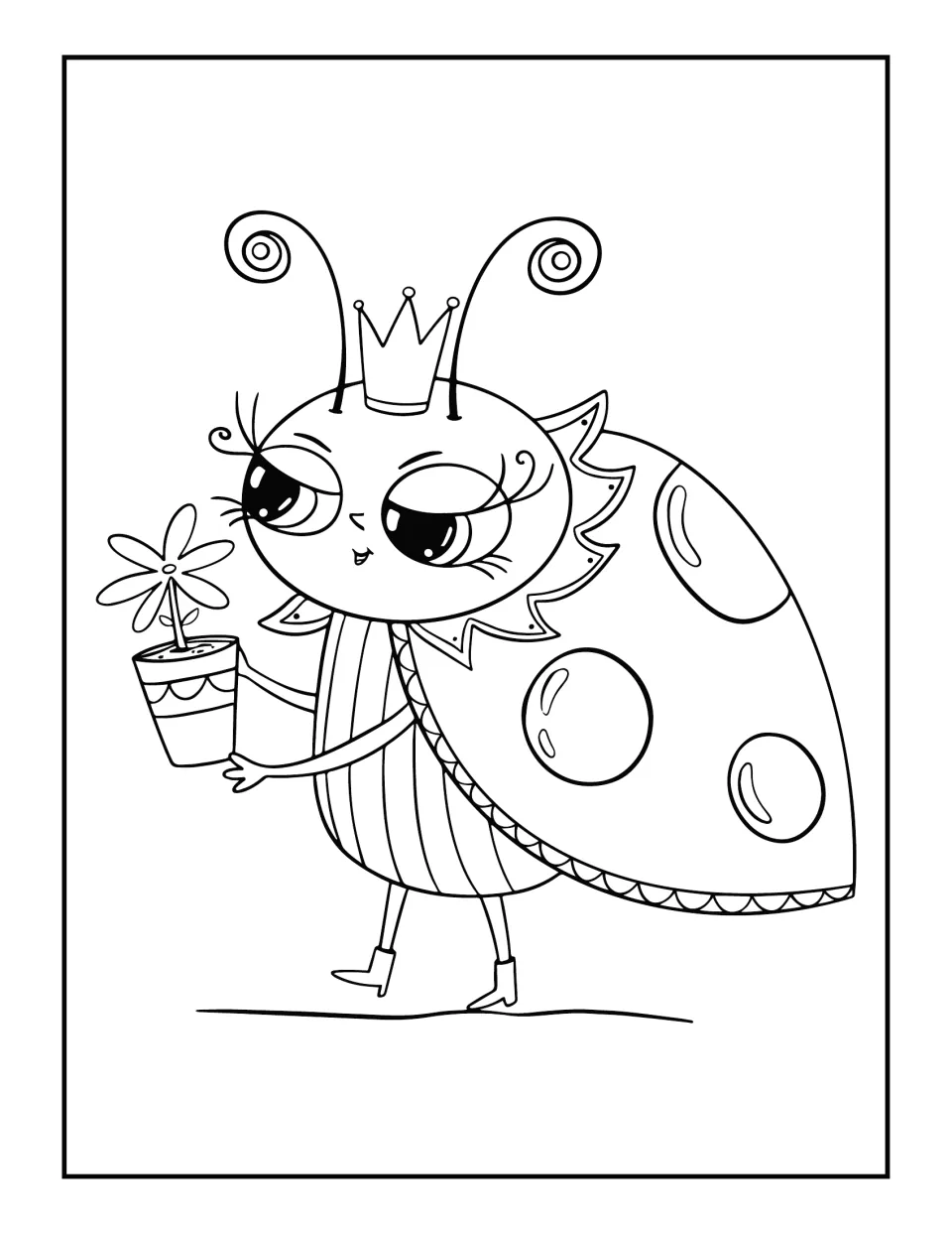 Ladybug wearing a crown and boots holding a potted flower, a whimsical outline drawing for students to color