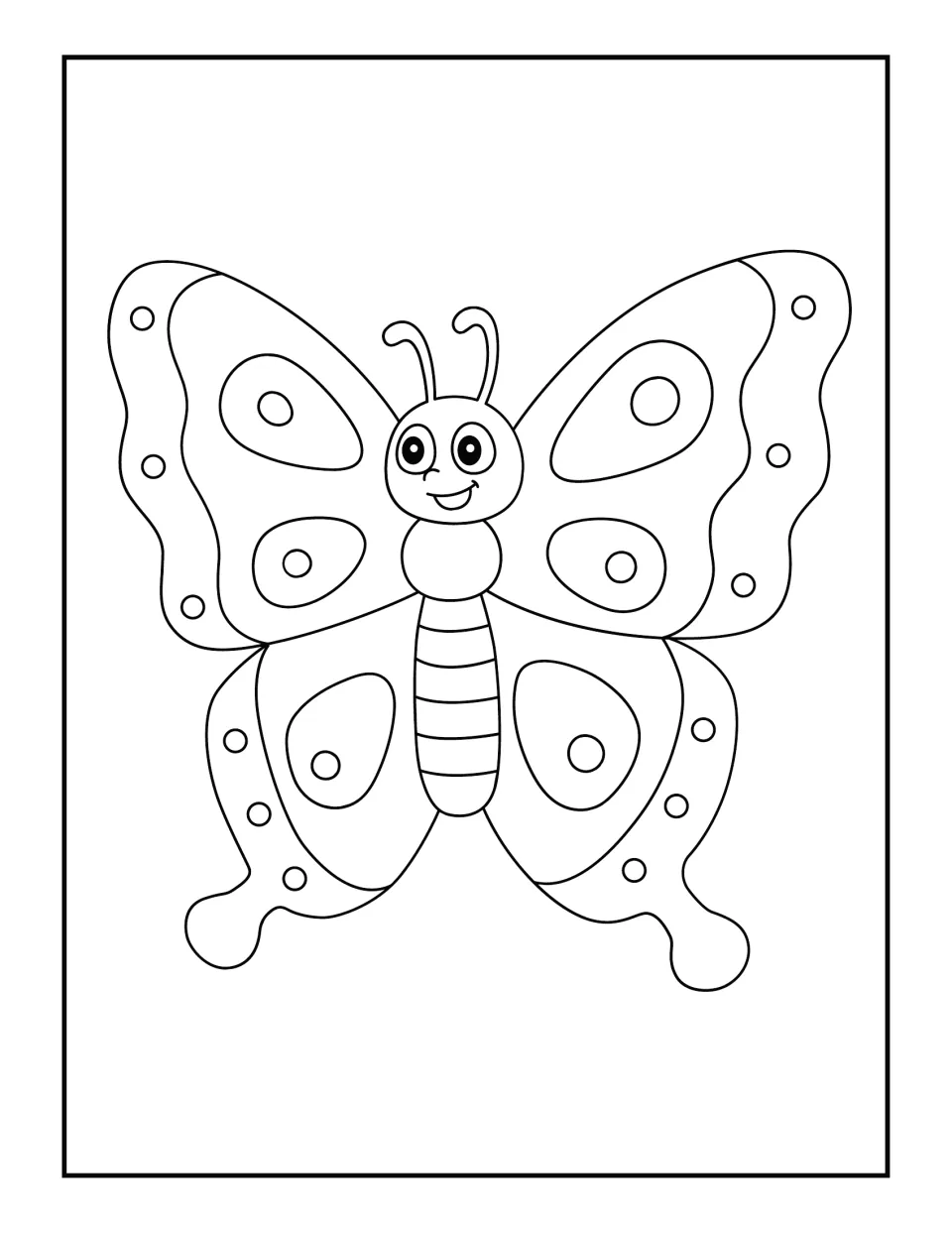 Large smiling butterfly with circle-spotted, wavy-edged wings on a plain background, simple shapes for young colorers