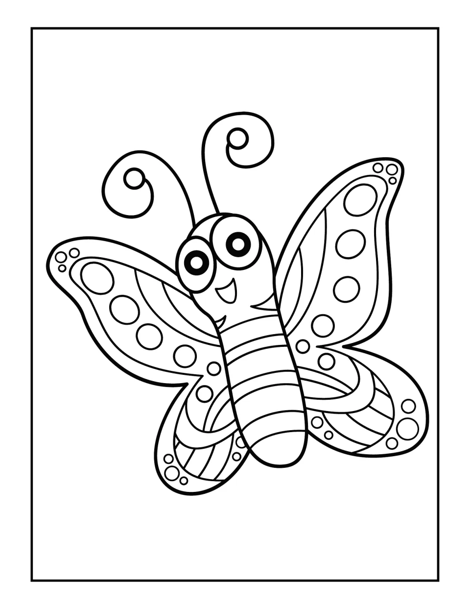 Cheerful butterfly with curly antennae and wings full of circles and curved stripes, outlined for students to color