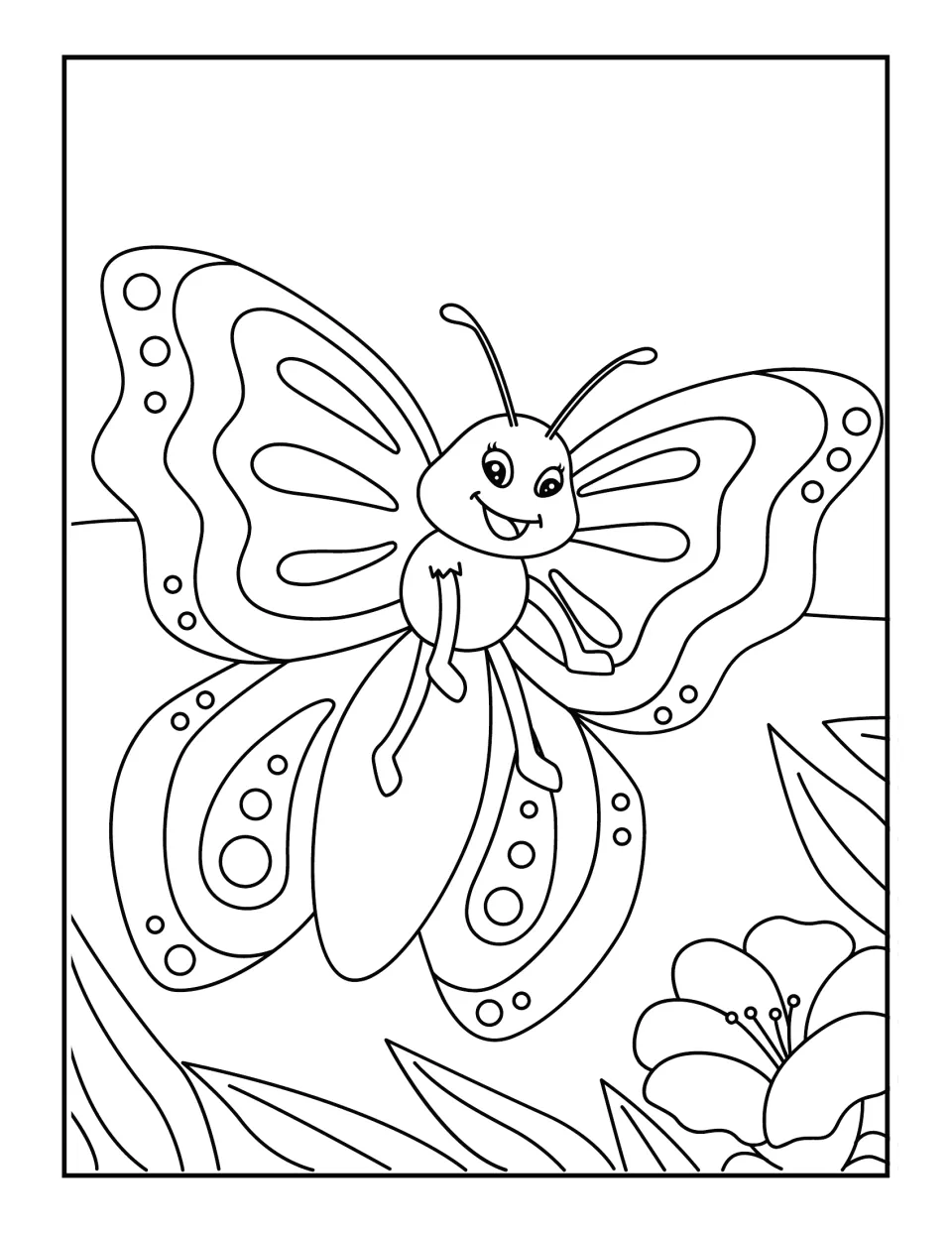 Grinning butterfly with dotted wings flying over grass and a blooming flower, a line drawing for students to color in