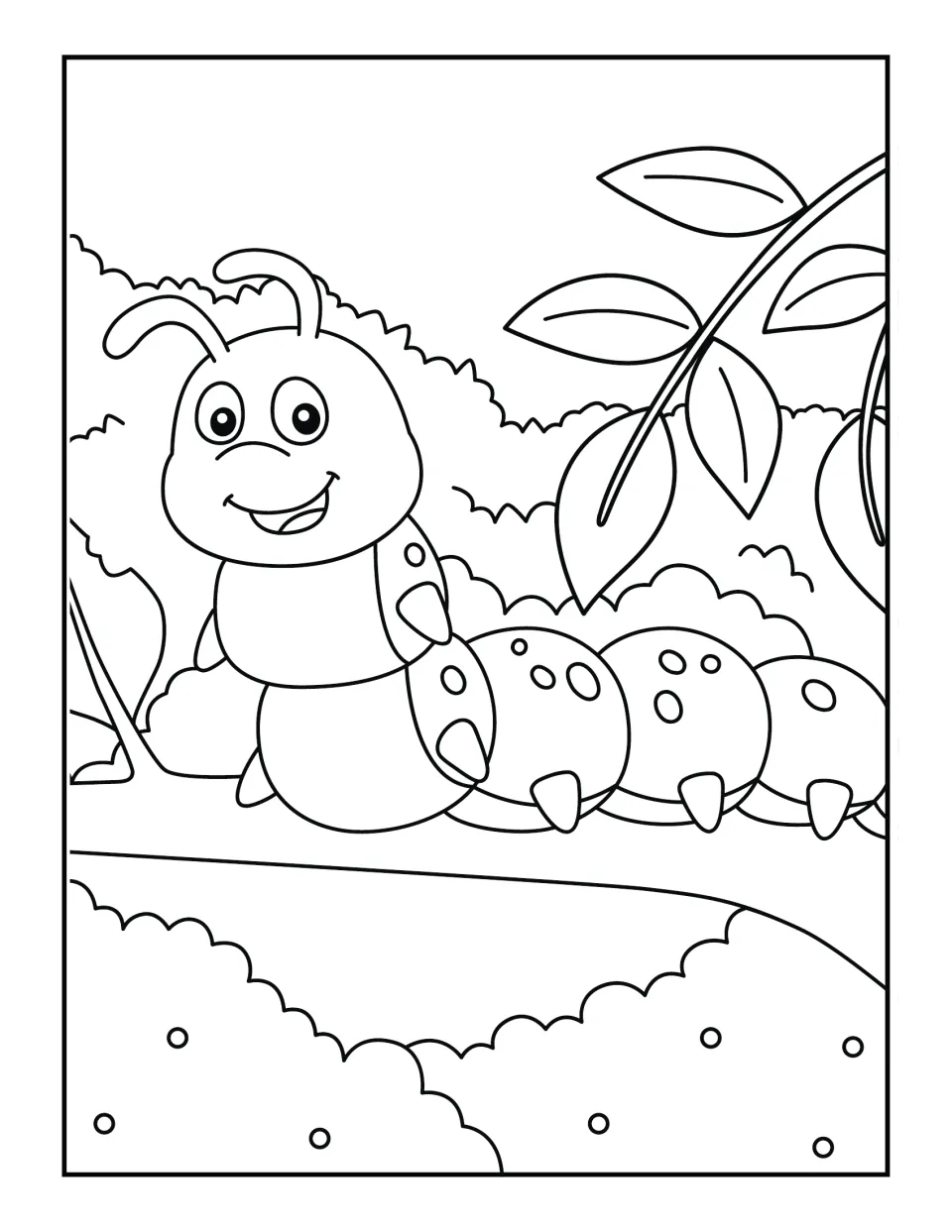 Smiling spotted caterpillar crawling along a branch beside leafy bushes, outline art for students to color