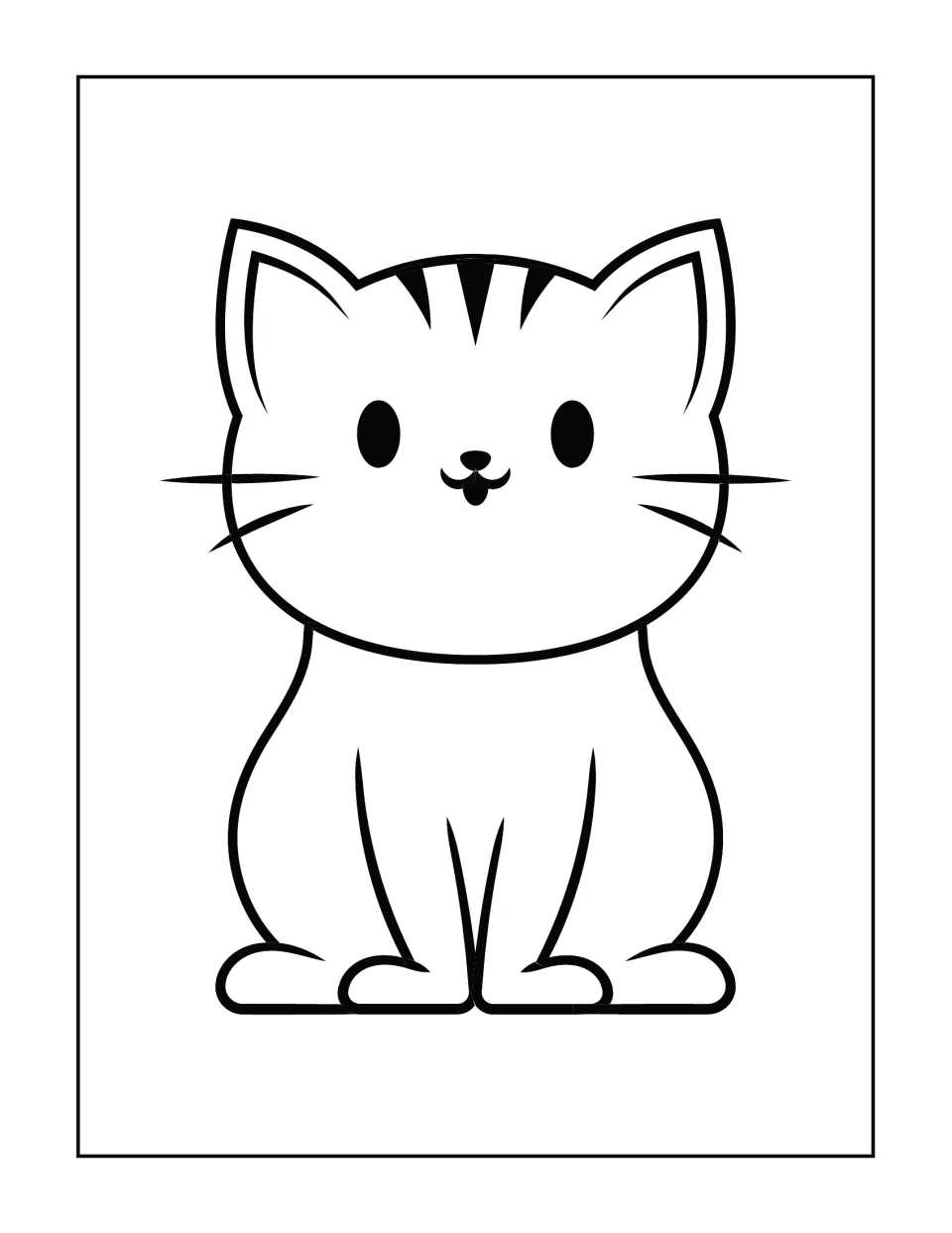 Tabby kitten coloring page: students color a sitting kitten with forehead stripes, oval eyes, whiskers and four paws