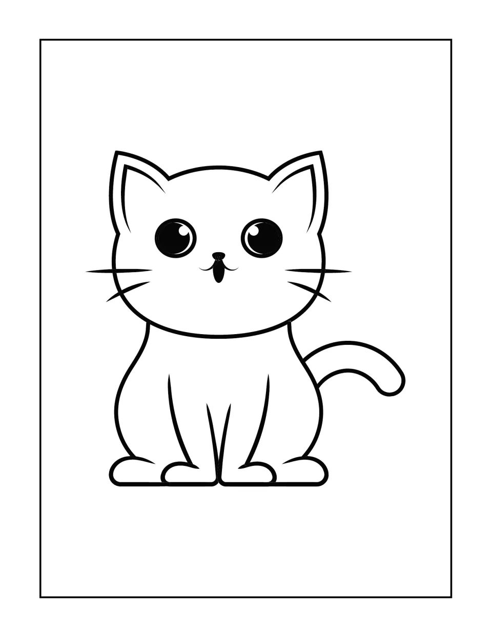 Big-eyed cat coloring page: students color a seated cat with shiny round eyes, whiskers and a curled tail to one side