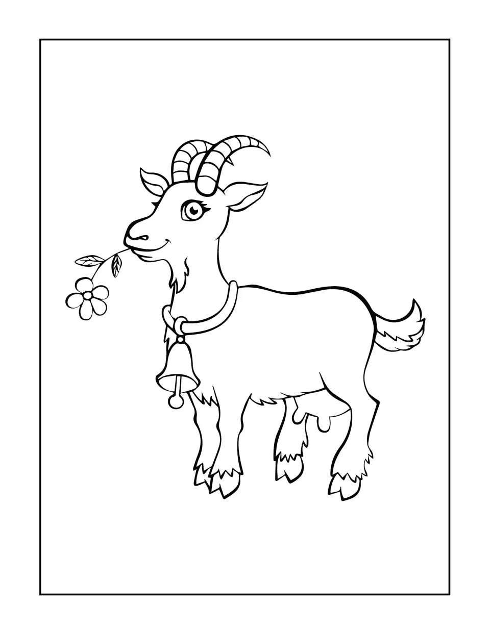 Goat coloring page: students color a smiling horned goat wearing a bell collar and holding a flower stem in its mouth