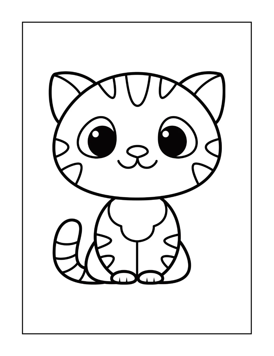 Striped kitten coloring page: students color a round-faced kitten with big eyes, a smile and stripes on its tail and legs