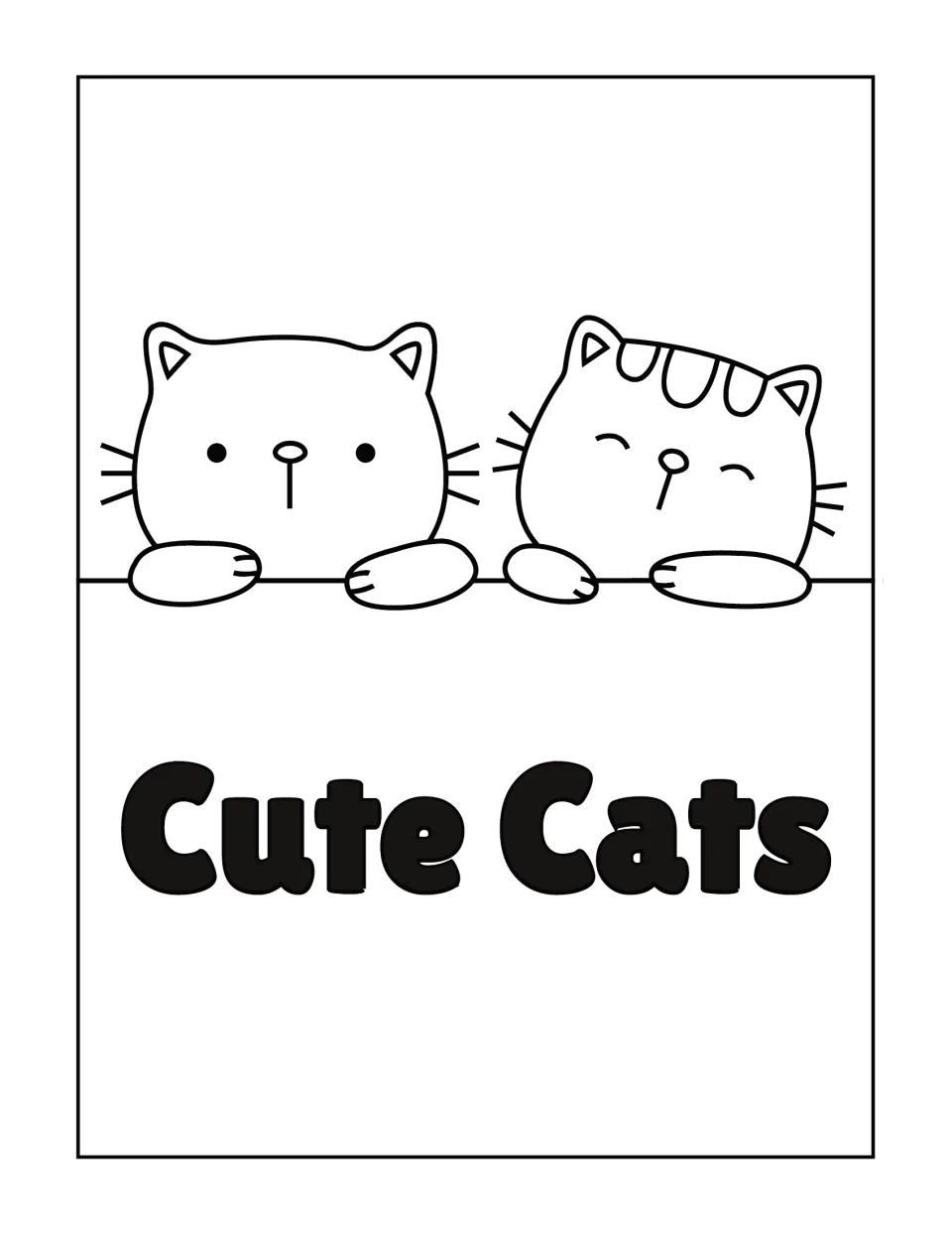 Cute Cats coloring page: students color two cartoon cats resting their paws on a ledge above the bold Cute Cats heading