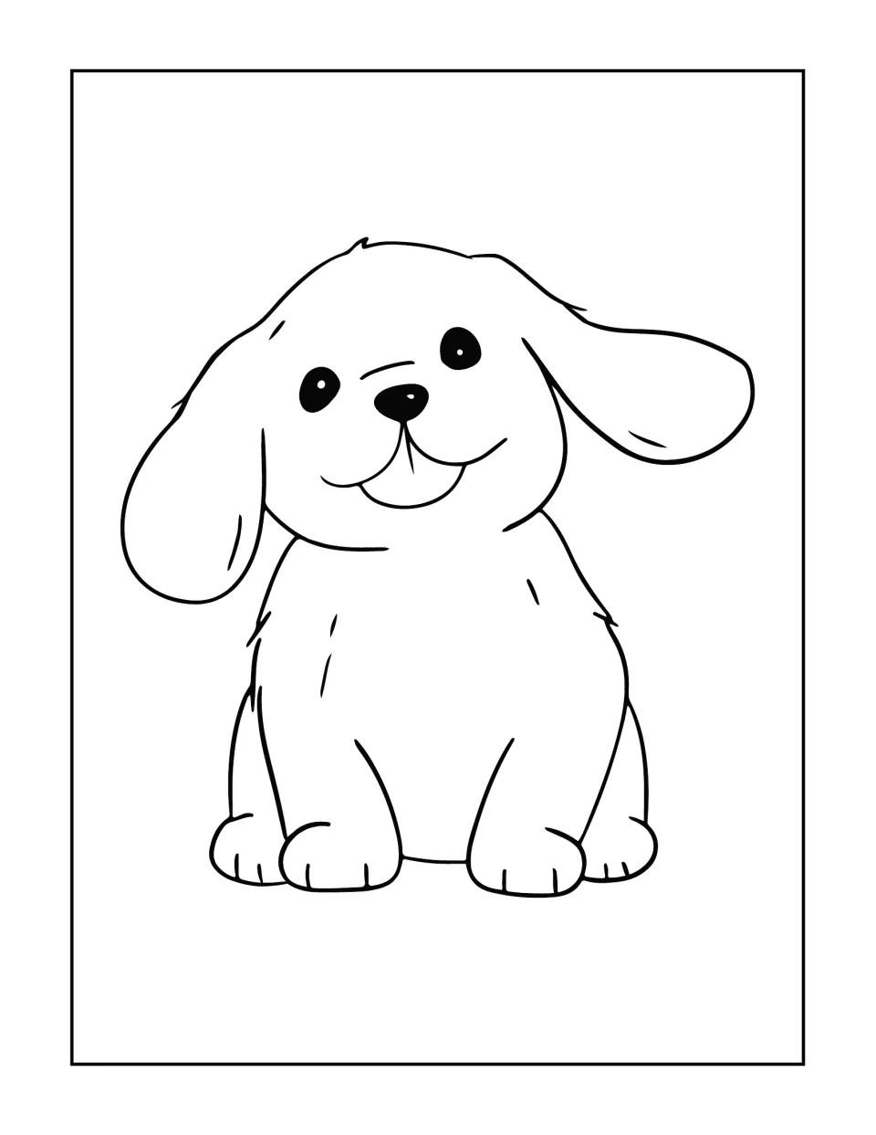 Puppy coloring page: students color a smiling floppy-eared puppy sitting with its front paws together and head tilted