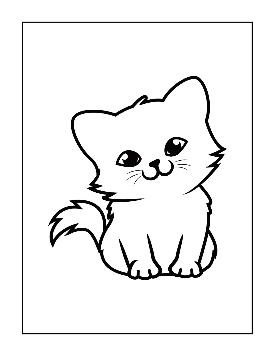 Fluffy kitten coloring page: students color a kitten with a fuzzy tail and a head tilted to one side with a playful grin