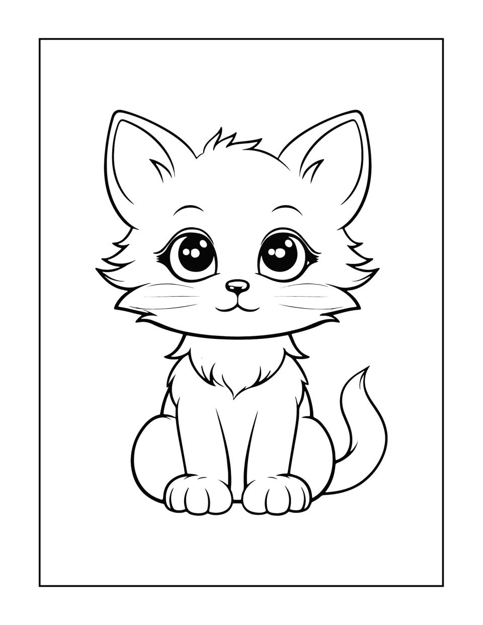 Long-haired kitten coloring page: students color a fluffy kitten with large sparkly eyes, a furry chest and a curved tail