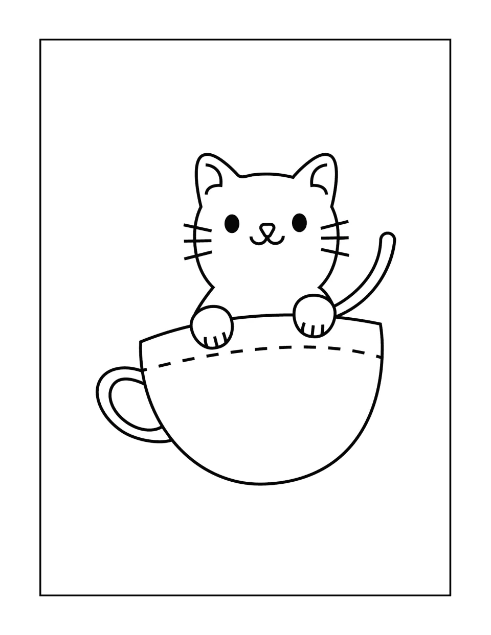 Teacup kitten coloring page: students color a smiling cat peeking out of a large teacup with its paws on the rim