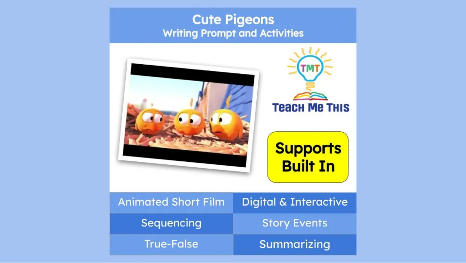 Cute Pigeons cover introduces an animated writing lesson with sequencing, true-false, and summarizing.