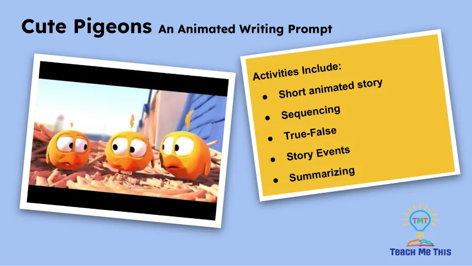 Activity overview lists a short animated story, sequencing, true-false, story events, and summarizing.