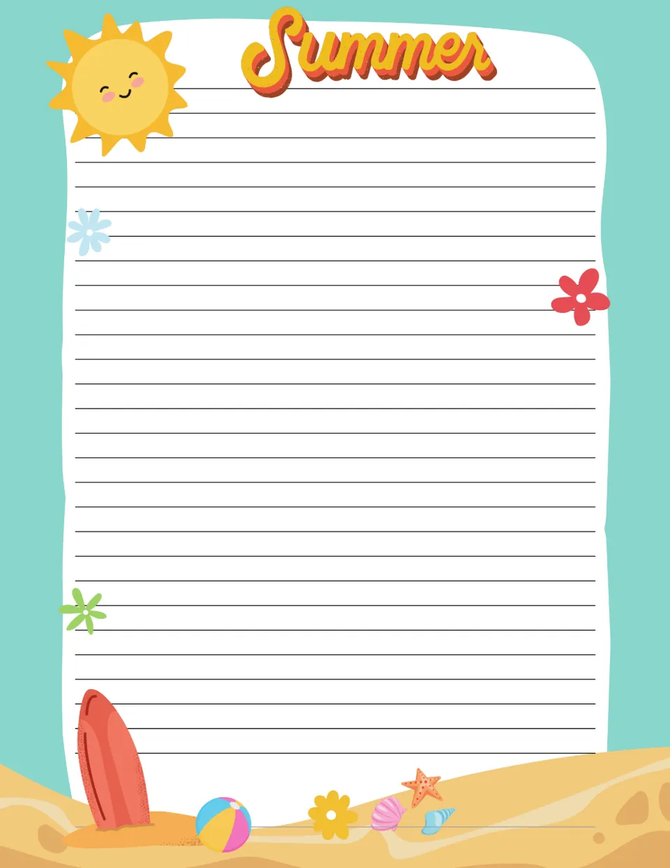 Summer writing paper titled Summer, decorated with a smiling sun, flowers, a surfboard, a beach ball and seashells