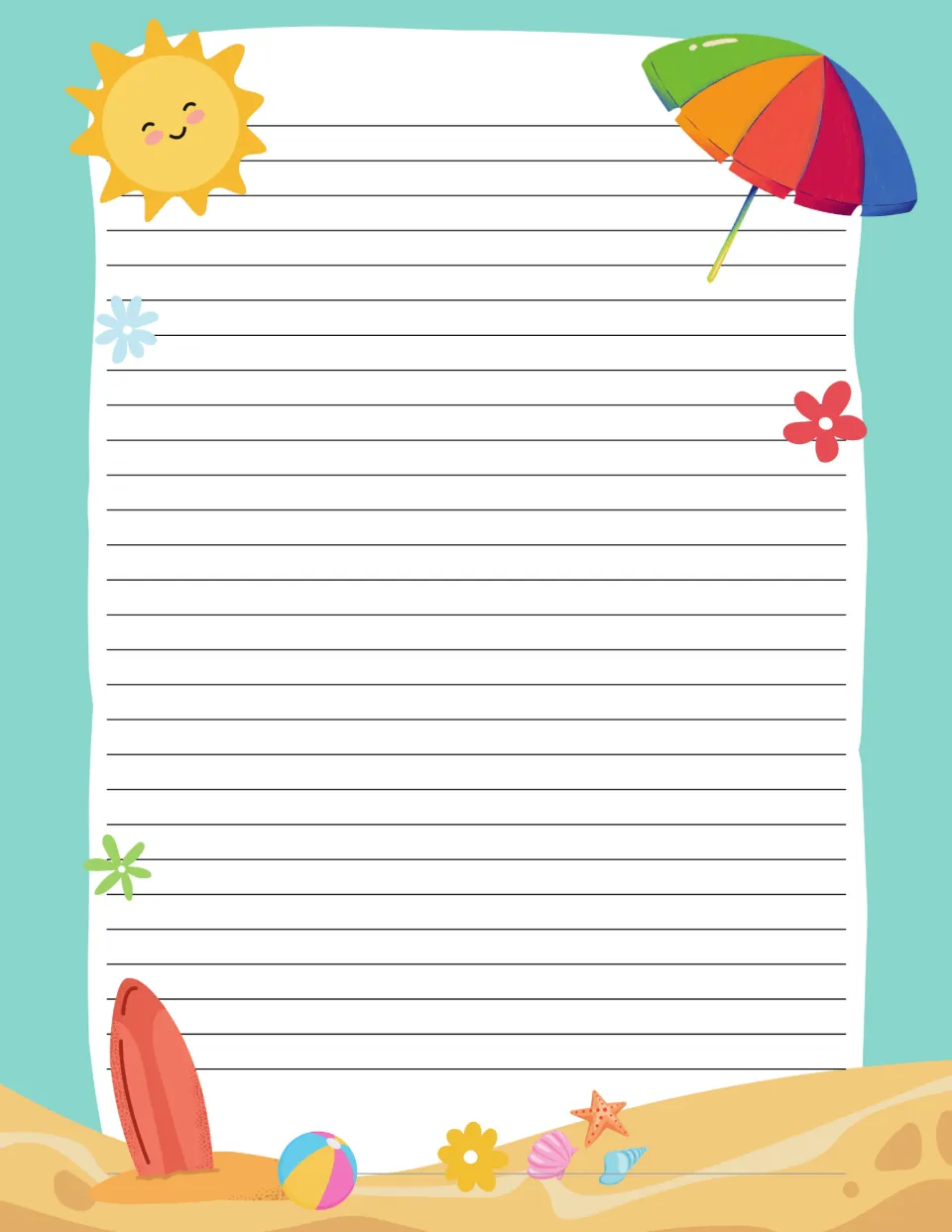 Untitled summer beach writing page with a rainbow umbrella, smiling sun and seashells for any summer writing prompt