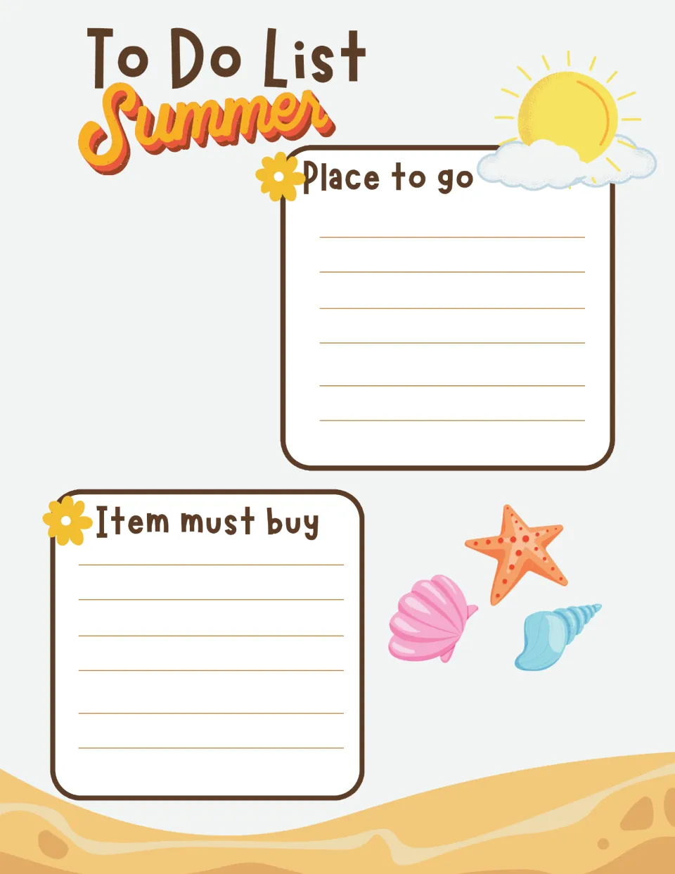 Summer to-do list: students plan by writing places to go and things to buy under Place to go and Item must buy