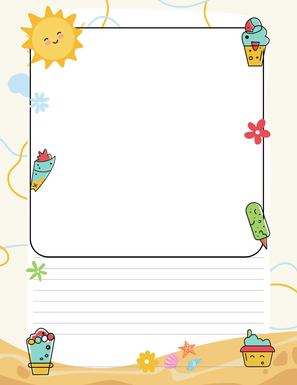 Summer draw-and-write page: students draw a picture in the large space at top, then write about it, with ice cream art