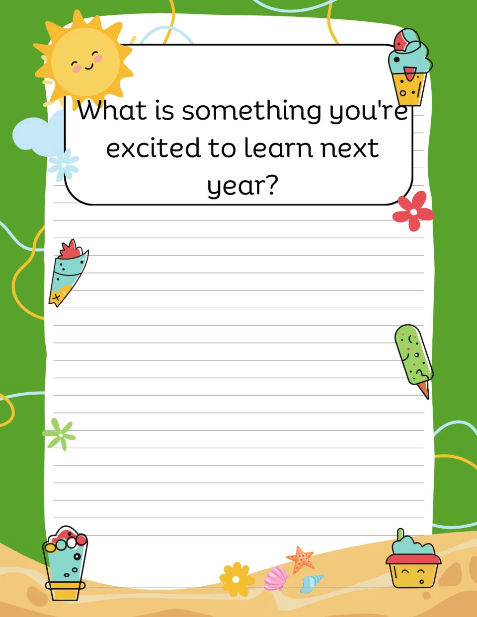 End-of-year reflection card: students answer What is something you're excited to learn next year? in writing below
