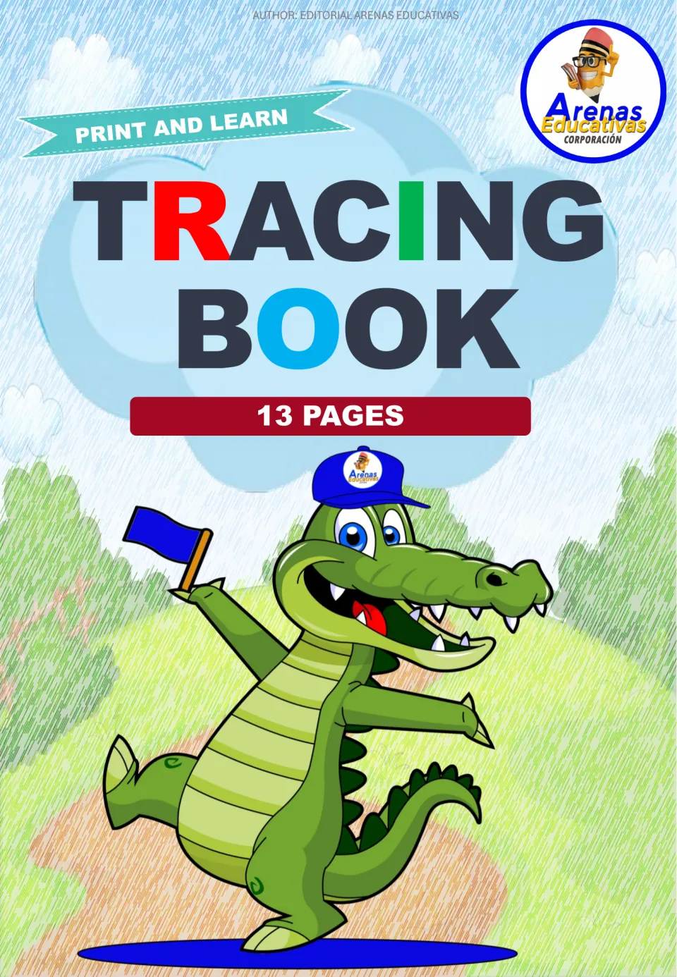 Tracing book cover labeled 'Print and Learn' and '13 Pages', credited to Editorial Arenas Educativas