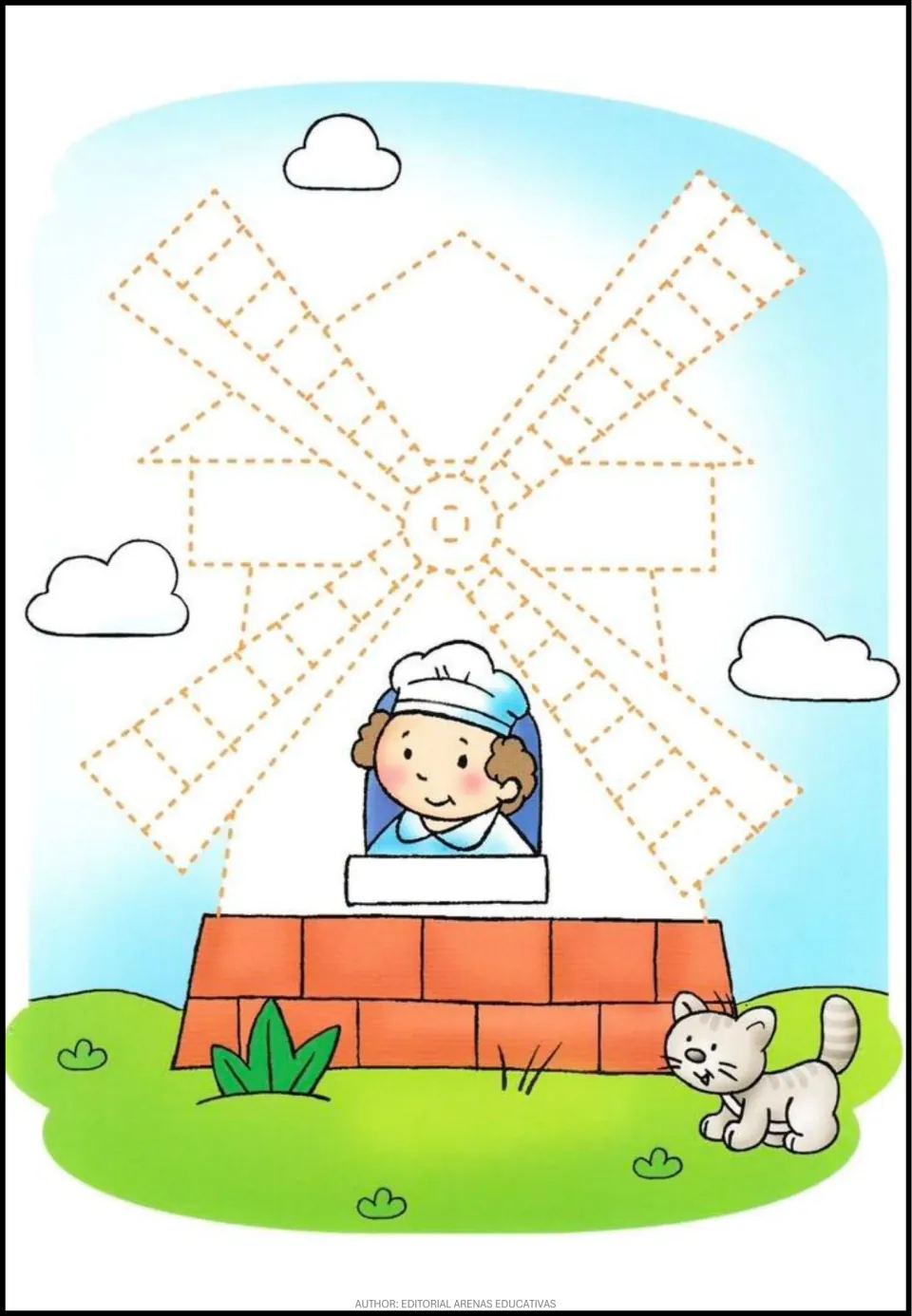 Windmill tracing activity featuring dotted sails, a circular hub, and a building outline above a brick base