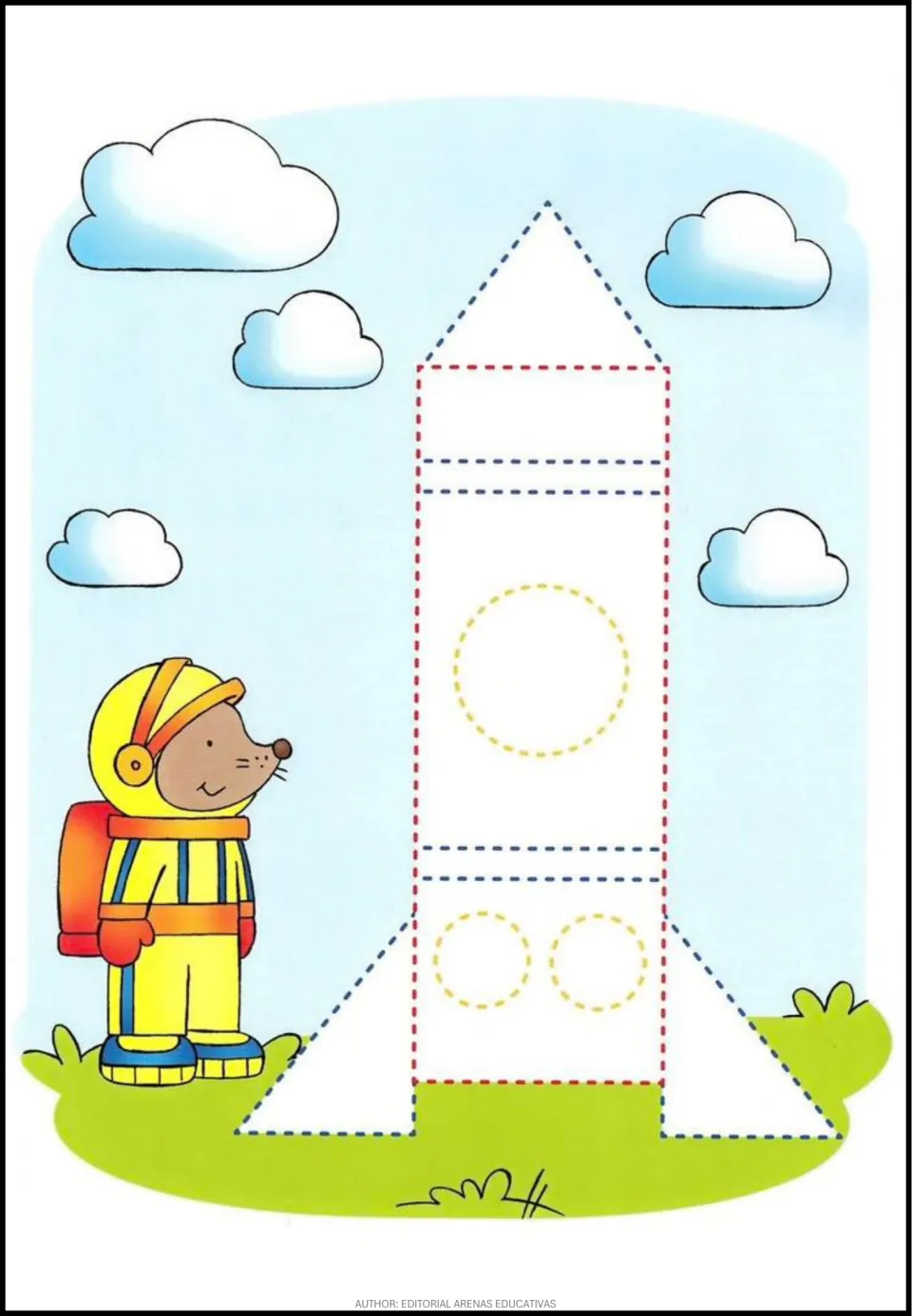 Rocket tracing activity featuring a pointed nose, rectangular body, circular details, and two side fins