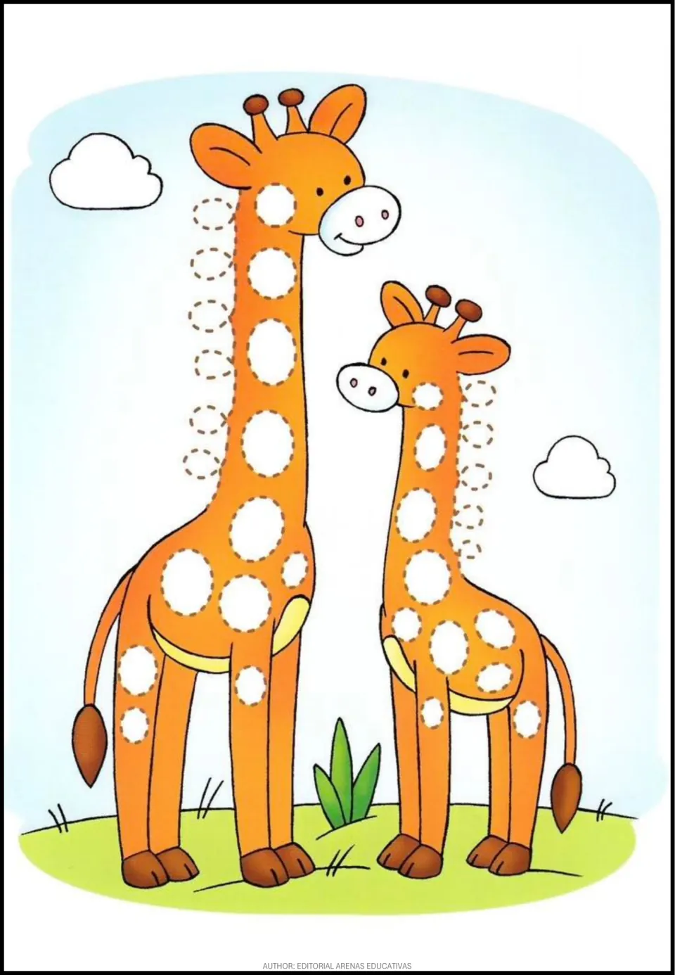 Giraffe tracing activity featuring two giraffes with dotted circular and oval spots and loops along their necks