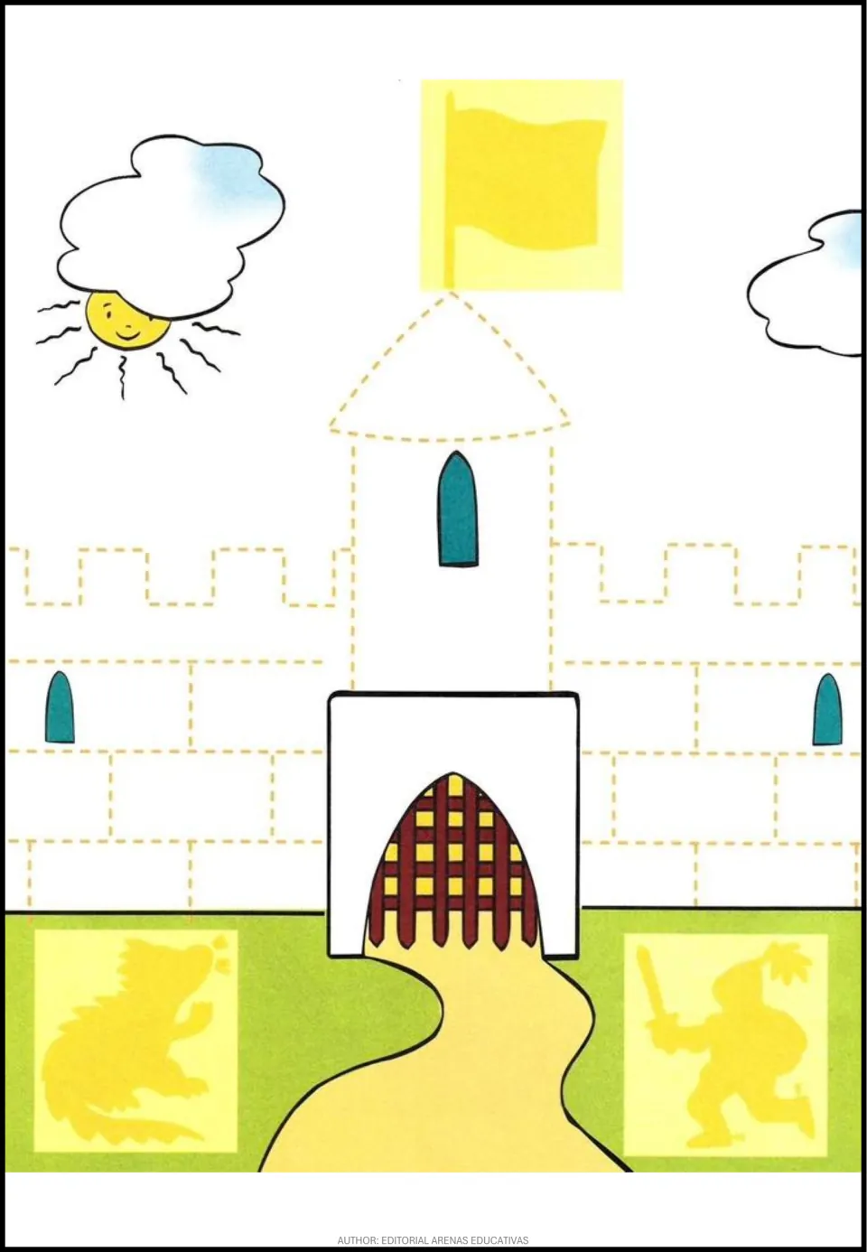Castle tracing activity featuring dotted battlements, rectangular stonework, and a central tower roof