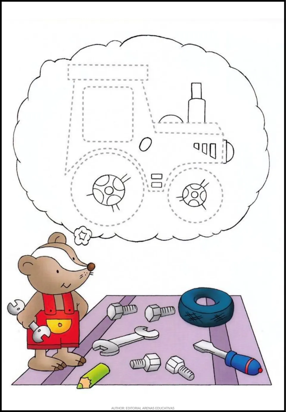 Tractor tracing activity featuring dotted body and wheel outlines in a mechanic character's thought bubble