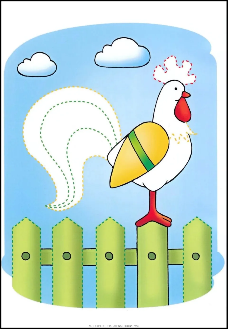 Rooster tracing activity featuring dotted tail curves, a comb, neck details, and pointed fence pickets