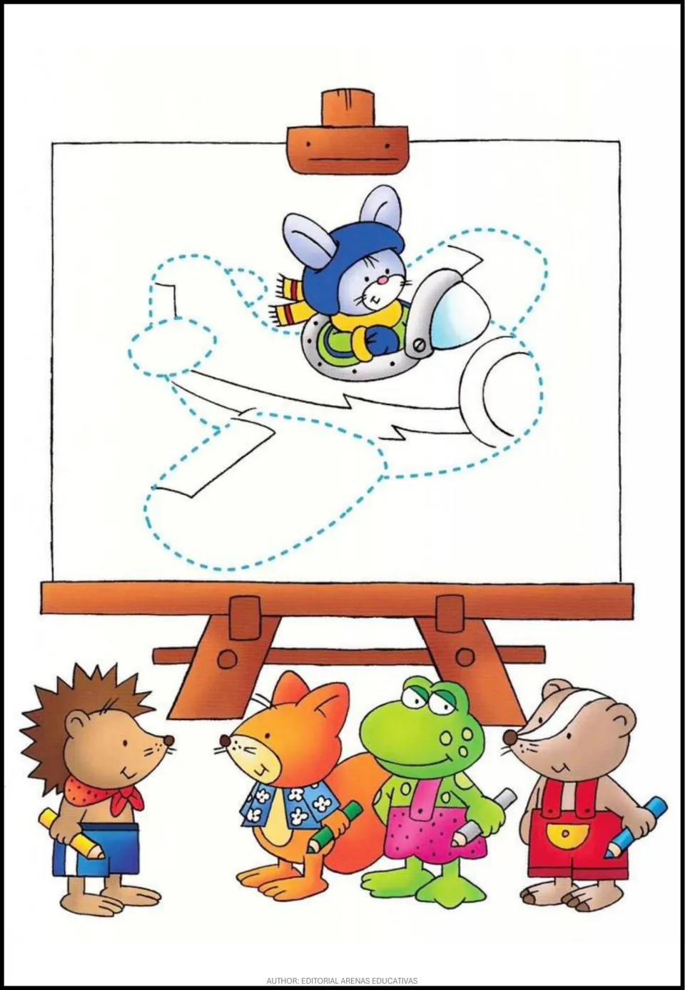 Airplane tracing activity featuring dotted wings, tail, and nose around a rabbit pilot on an easel drawing