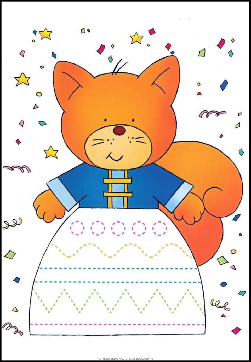 Pattern tracing activity featuring circles, a wavy path, straight strokes, and a zigzag beneath an orange cat