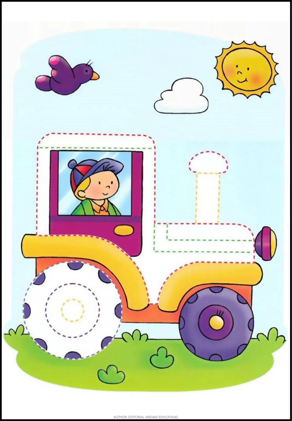 Tractor tracing activity featuring dotted cab and engine outlines, a smokestack, and circles on the rear wheel