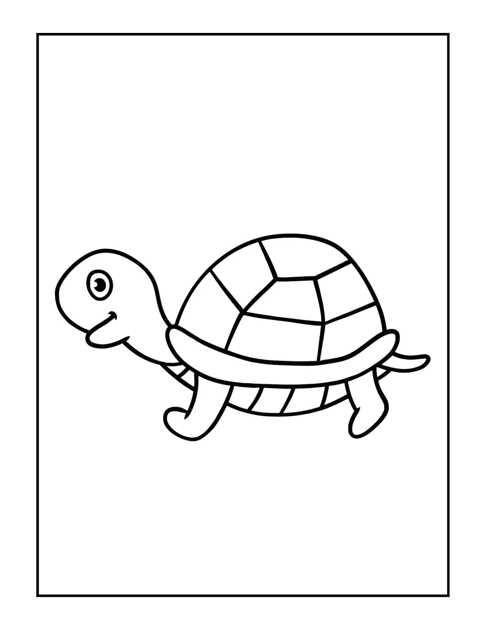 Smiling cartoon turtle walking on four legs with a domed, segmented shell; students color this simple, bold outline