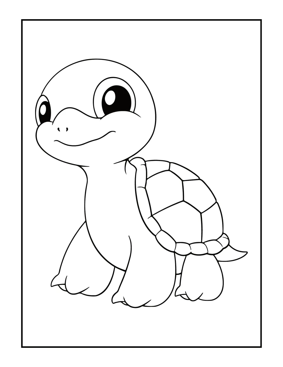 Baby turtle with big round eyes and a gentle smile standing on stubby feet; students color the rounded cartoon character