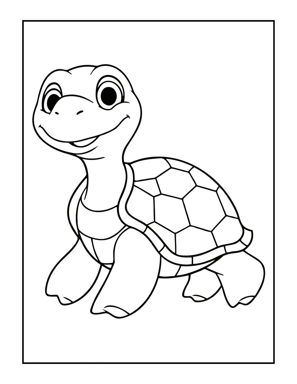 Happy cartoon turtle mid-step with a wide grin and a shell of large plates; students color the friendly character