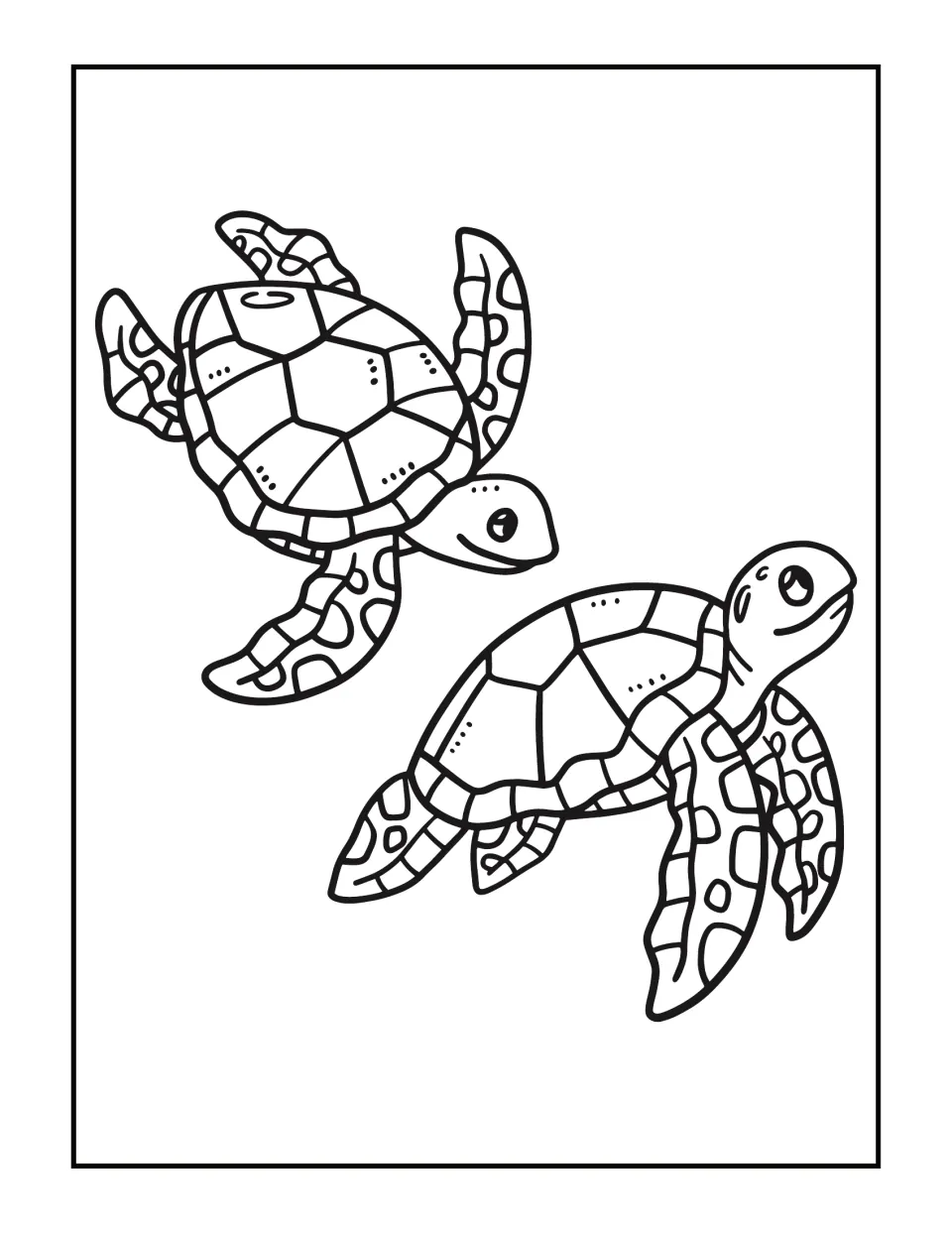 Two sea turtles swimming together, each with patchwork flippers and dotted shell plates; students color both turtles
