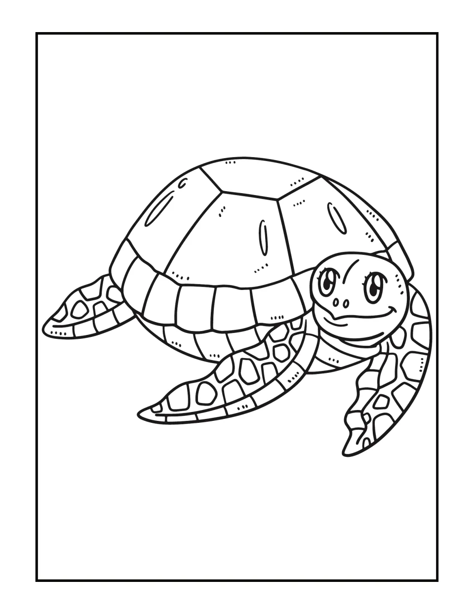 Smiling sea turtle with a big domed shell and spotted flippers, looking out at the viewer; students color the outline